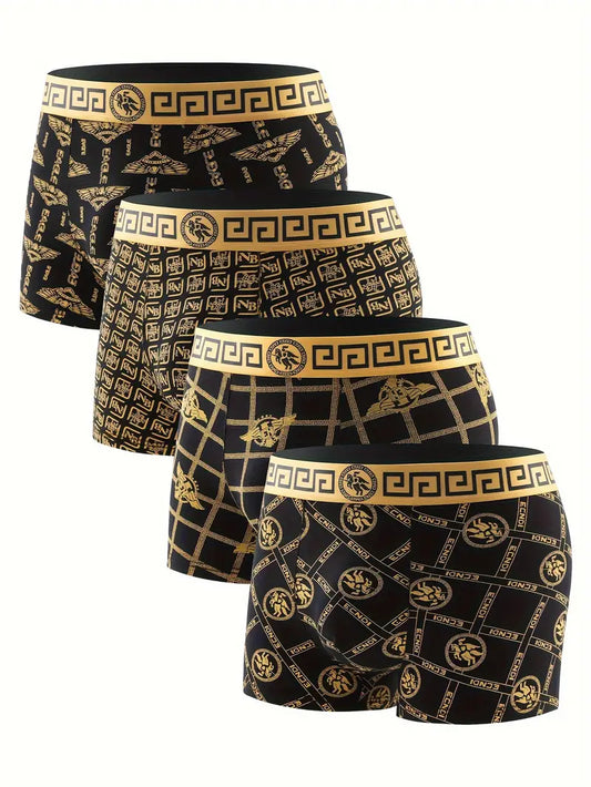 6-piece Set Of Men's High-end Luxury Flat Corner Underwear, Elastic Ice Silk Underwear, Daily Casual Black Gold Printed Flat Corner Shorts